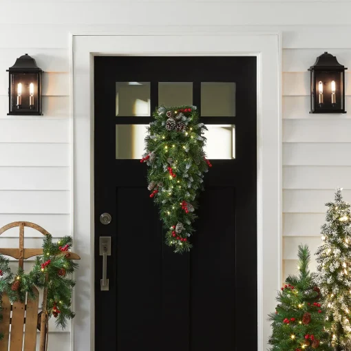 Flash Sale National Tree Company Pre-Lit Artificial Christmas Teardrop, Green, Frosted Berry, White Lights, Decorated With Pine Cones, Berry Clusters, Frosted Branches, Christmas Collection, 36 Inches
