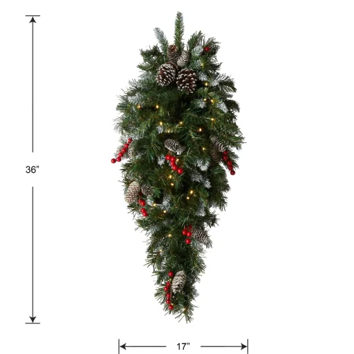 Flash Sale National Tree Company Pre-Lit Artificial Christmas Teardrop, Green, Frosted Berry, White Lights, Decorated With Pine Cones, Berry Clusters, Frosted Branches, Christmas Collection, 36 Inches