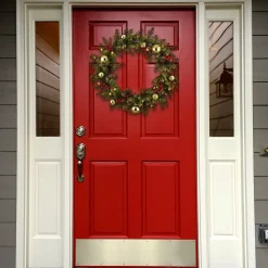 Cheap National Tree Company Pre-Lit Artificial Christmas Wreath, Green, Dunhill Fir, White Lights, Decorated With Frosted Branches, Pine Cones, Red Berries, Ball Ornaments, Christmas Collection, 24 Inches