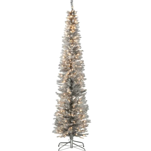 Pre-Lit Artificial Christmas Tree, Silver Tinsel, White Lights, Includes Stand, 7 Feet^National Tree Company Best Sale