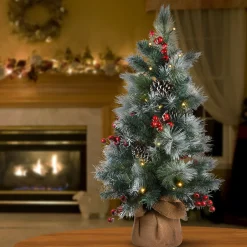 Discount National Tree Company Pre-Lit Artificial Christmas Tree, Green, Snowy Glacier Pine, White Led Lights, Decorated With Pine Cones, Includes Cloth Bag Base, Battery Operated, 3 Feet