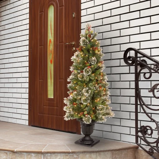 Best Sale National Tree Company Pre-Lit Artificial Entrance Christmas Tree, Wintry Pine, Green, White Lights, Decorated With Berry Clusters, Pine Cones, Includes Metal Base, 5 Feet