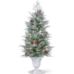 Pre-Lit Artificial Entrance Christmas Tree, Frosted Mountain Spruce, Green, White Lights, Decorated With Berry Clusters, Pine Cones, Includes Metal Base, 4 Feet^National Tree Company Cheap