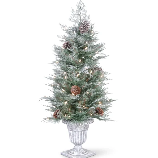 Pre-Lit Artificial Entrance Christmas Tree, Frosted Mountain Spruce, Green, White Lights, Decorated With Berry Clusters, Pine Cones, Includes Metal Base, 4 Feet^National Tree Company Cheap