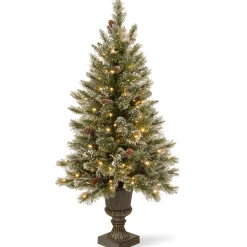 Best Sale National Tree Company Pre-Lit Artificial Entrance Christmas Tree, Green, Glittery Bristle Pine, White Led Lights, Flocked With Pine Cones, Frosted Branches, Includes Decorative Urn Base, 5 Feet