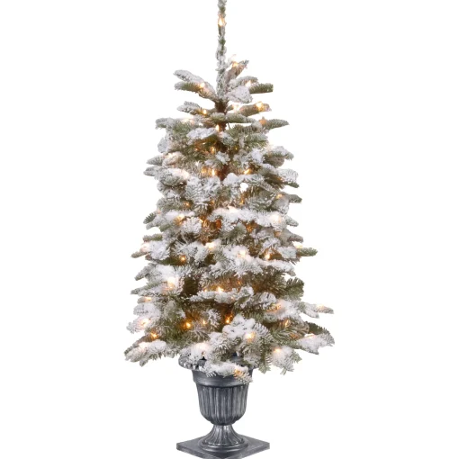 Pre-Lit Artificial Entrance Christmas Tree, Snowy Camden, Green, White Lights, Includes Metal Base, 4 Feet^National Tree Company Hot