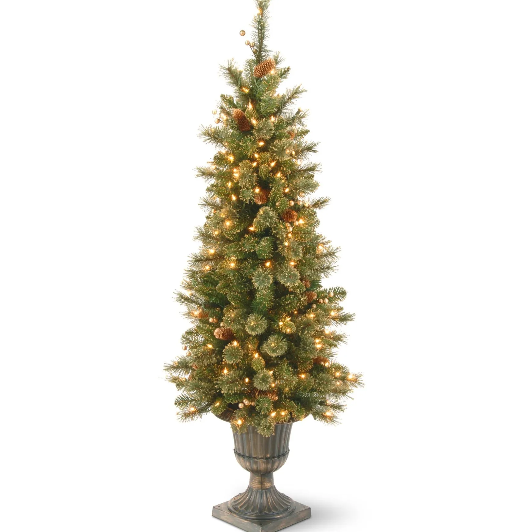 Cheap National Tree Company Pre-Lit Artificial Entrance Christmas Tree, Glittery Gold Pine, Green, White Lights, Decorated With Berry Clusters, Pine Cones, Includes Metal Base, 4 Feet