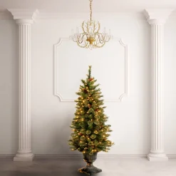 Cheap National Tree Company Pre-Lit Artificial Entrance Christmas Tree, Glittery Gold Pine, Green, White Lights, Decorated With Berry Clusters, Pine Cones, Includes Metal Base, 4 Feet