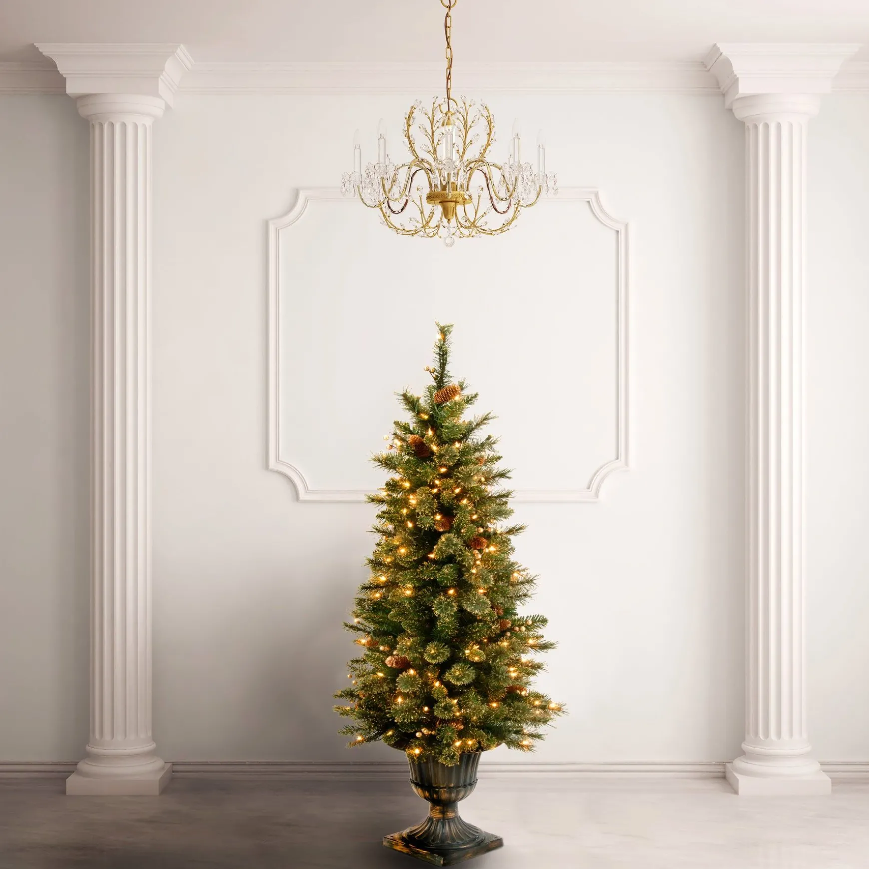 Cheap National Tree Company Pre-Lit Artificial Entrance Christmas Tree, Glittery Gold Pine, Green, White Lights, Decorated With Berry Clusters, Pine Cones, Includes Metal Base, 4 Feet