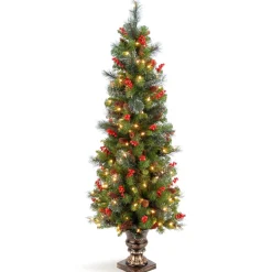 Hot National Tree Company Pre-Lit Artificial Entrance Christmas Tree, Green, Crestwood Spruce, White Lights, Decorated With Pine Cones, Berry Clusters, Frosted Branches, Includes Pot Base, 5 Feet