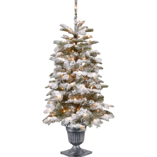 Discount National Tree Company Pre-Lit Artificial Entrance Christmas Tree, Snowy Camden, Green, White Lights, Includes Metal Base, 4 Feet