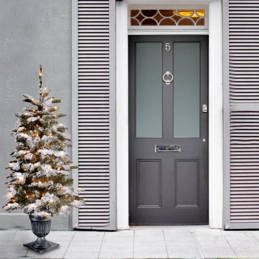 Discount National Tree Company Pre-Lit Artificial Entrance Christmas Tree, Snowy Camden, Green, White Lights, Includes Metal Base, 4 Feet