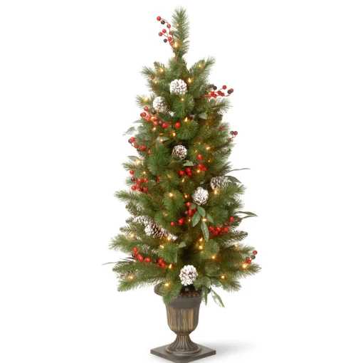 Pre-Lit Artificial Entrance Christmas Tree, Frosted Berry Pine, Green, White Lights, Decorated With Berry Clusters, Pine Cones, Includes Metal Base, 4 Feet^National Tree Company Online