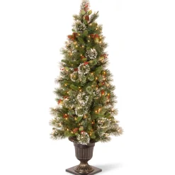 Pre-Lit Artificial Entrance Christmas Tree, Wintry Pine, Green, White Lights, Decorated With Berry Clusters, Pine Cones, Includes Metal Base, 5 Feet^National Tree Company Shop