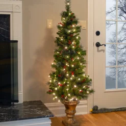 Sale National Tree Company Pre-Lit Artificial Entrance Christmas Tree, Green, Crestwood Spruce, White Lights, Decorated With Pine Cones, Berry Clusters, Frosted Branches, Includes Pot Base, 5 Feet