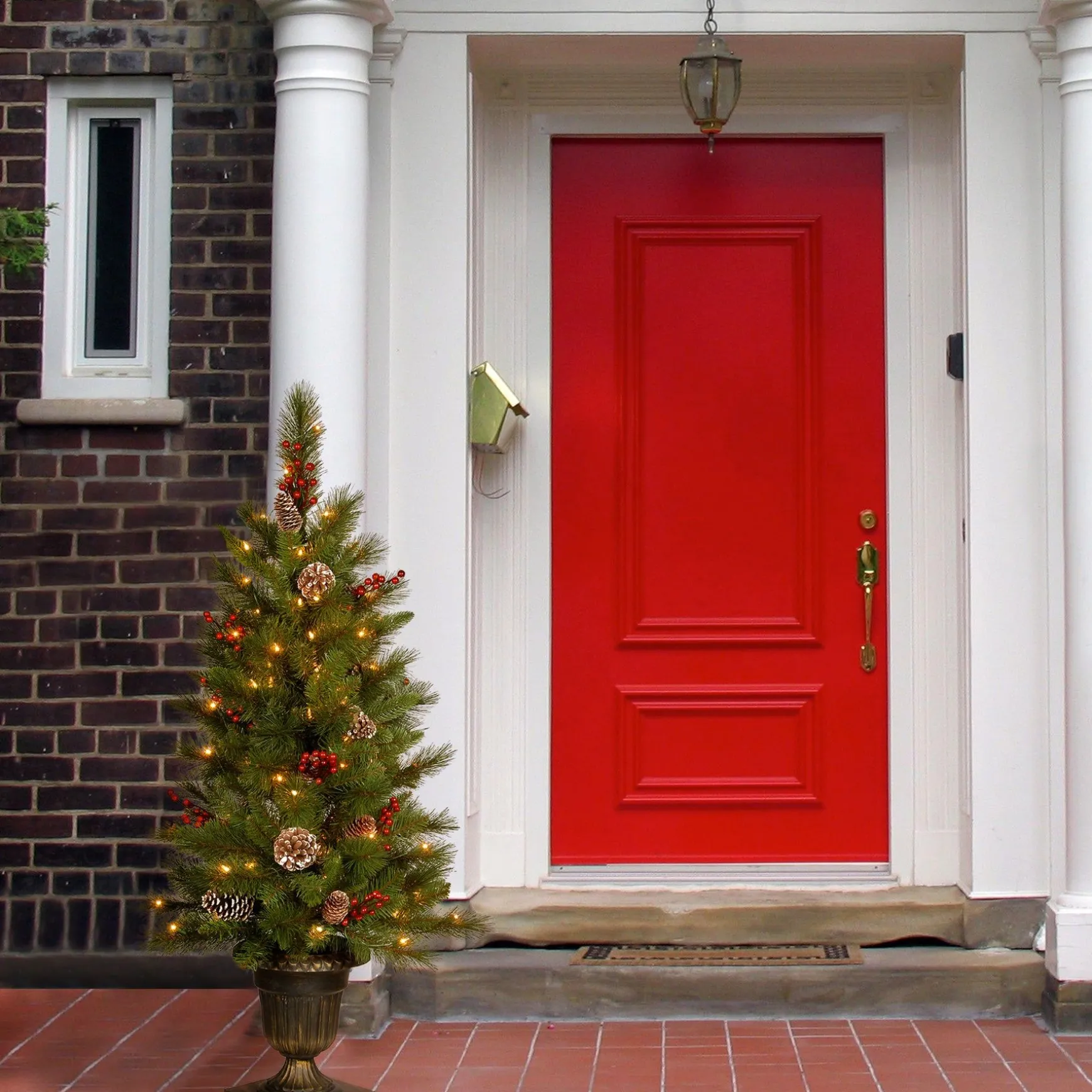 Sale National Tree Company Pre-Lit Artificial Entrance Christmas Tree, Bristle Berry Pine, Green, White Lights, Decorated With Berry Clusters, Pine Cones, Includes Metal Base, 4 Feet