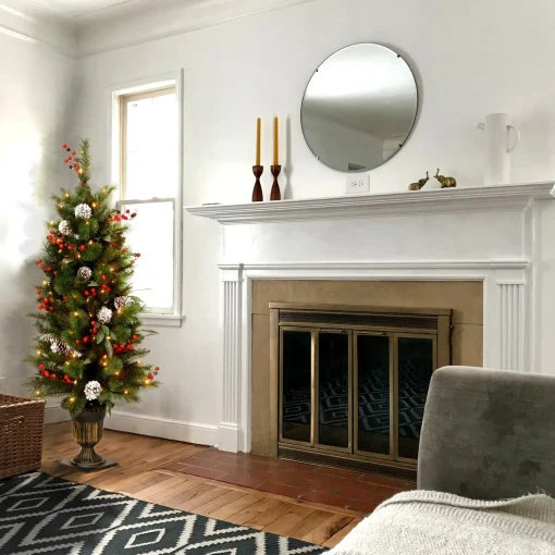 Online National Tree Company Pre-Lit Artificial Entrance Christmas Tree, Frosted Berry Pine, Green, White Lights, Decorated With Berry Clusters, Pine Cones, Includes Metal Base, 4 Feet