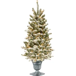 Outlet National Tree Company Pre-Lit Artificial Entrance Christmas Tree, Snowy Sheffield Spruce, Green, White Lights, Includes Metal Base, 4 Feet