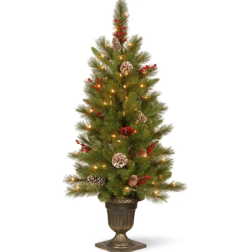 Outlet National Tree Company Pre-Lit Artificial Entrance Christmas Tree, Bristle Berry Pine, Green, White Lights, Decorated With Berry Clusters, Pine Cones, Includes Metal Base, 4 Feet