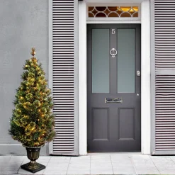 Fashion National Tree Company Pre-Lit Artificial Entrance Christmas Tree, Wispy Willow Grande, Green, White Lights, Includes Metal Base, 5 Feet