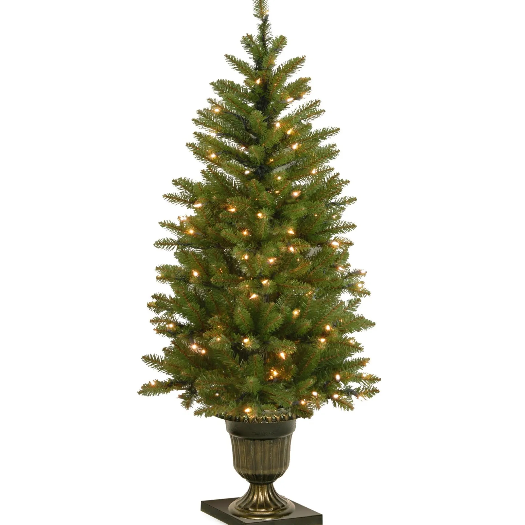 Shop National Tree Company Pre-Lit Artificial Entrance Christmas Tree, Green, Dunhill Fir, White Lights, Includes Decorative Urn Base, 4 Feet