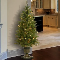 Shop National Tree Company Pre-Lit Artificial Entrance Christmas Tree, Green, Dunhill Fir, White Lights, Includes Decorative Urn Base, 4 Feet