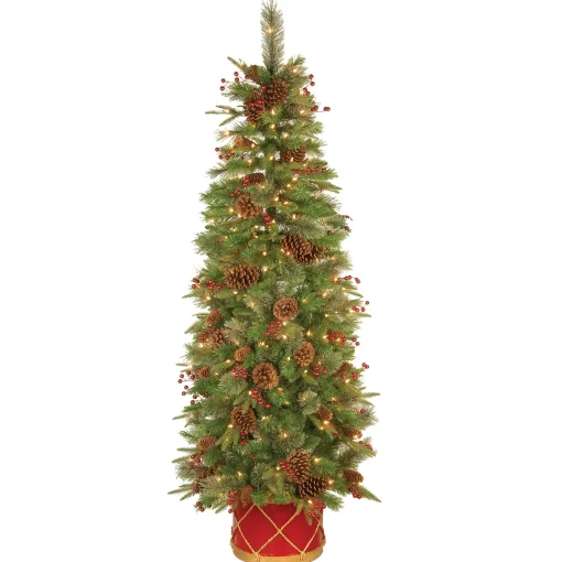 Pre-Lit Artificial Entrance Christmas Tree, Colonial Fir, Green, White Lights, Decorated With Flowers, Includes Metal Base, 6 Feet^National Tree Company Best