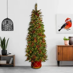 Pre-Lit Artificial Entrance Christmas Tree, Colonial Fir, Green, White Lights, Decorated With Flowers, Includes Metal Base, 6 Feet^National Tree Company Best