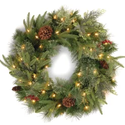 Store National Tree Company Pre-Lit Artificial 'Feel Real' Christmas Wreath, Green, Colonial Fir, White Lights, Decorated With Berry Clusters, Pine Cones, Christmas Collection, 30 Inches