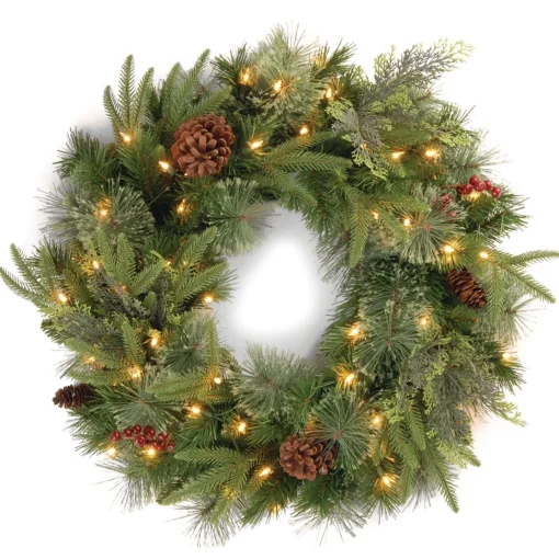 Store National Tree Company Pre-Lit Artificial 'Feel Real' Christmas Wreath, Green, Colonial Fir, White Lights, Decorated With Berry Clusters, Pine Cones, Christmas Collection, 30 Inches