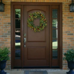 Store National Tree Company Pre-Lit Artificial 'Feel Real' Christmas Wreath, Green, Colonial Fir, White Lights, Decorated With Berry Clusters, Pine Cones, Christmas Collection, 30 Inches