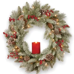 Clearance National Tree Company Pre-Lit Artificial 'Feel Real' Christmas Wreath, Green, Bristle Berry Pine, White Lights, Decorated With Berry Clusters, Pine Cones, Candle Holder, Christmas Collection, 24 Inches
