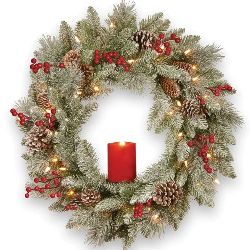 Clearance National Tree Company Pre-Lit Artificial 'Feel Real' Christmas Wreath, Green, Bristle Berry Pine, White Lights, Decorated With Berry Clusters, Pine Cones, Candle Holder, Christmas Collection, 24 Inches
