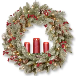 Clearance National Tree Company Pre-Lit Artificial 'Feel Real' Christmas Wreath, Green, Bristle Berry Pine, White Lights, Decorated With Berry Clusters, Pine Cones, Candle Holder, Christmas Collection, 36 Inches