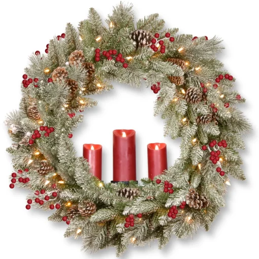 Clearance National Tree Company Pre-Lit Artificial 'Feel Real' Christmas Wreath, Green, Bristle Berry Pine, White Lights, Decorated With Berry Clusters, Pine Cones, Candle Holder, Christmas Collection, 36 Inches
