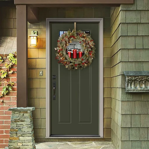 Clearance National Tree Company Pre-Lit Artificial 'Feel Real' Christmas Wreath, Green, Bristle Berry Pine, White Lights, Decorated With Berry Clusters, Pine Cones, Candle Holder, Christmas Collection, 36 Inches