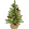 Outlet National Tree Company Pre-Lit Artificial Full Christmas Tree, Glittery Gold, Dunhill Fir, White Lights, Decorated With Pine Cones, Berry Clusters, Frosted Branches, Includes Burlap Base, 2 Feet