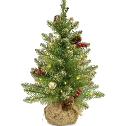 Outlet National Tree Company Pre-Lit Artificial Full Christmas Tree, Glittery Gold, Dunhill Fir, White Lights, Decorated With Pine Cones, Berry Clusters, Frosted Branches, Includes Burlap Base, 2 Feet