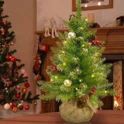Outlet National Tree Company Pre-Lit Artificial Full Christmas Tree, Glittery Gold, Dunhill Fir, White Lights, Decorated With Pine Cones, Berry Clusters, Frosted Branches, Includes Burlap Base, 2 Feet