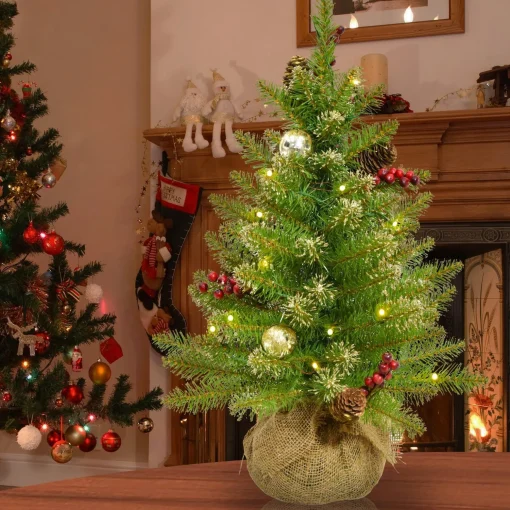 Outlet National Tree Company Pre-Lit Artificial Full Christmas Tree, Glittery Gold, Dunhill Fir, White Lights, Decorated With Pine Cones, Berry Clusters, Frosted Branches, Includes Burlap Base, 2 Feet