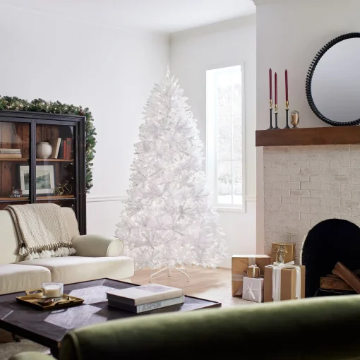 Best National Tree Company Pre-Lit Artificial Full Christmas Tree, White, Dunhill Fir, White Lights, Includes Stand, 7.5 Feet