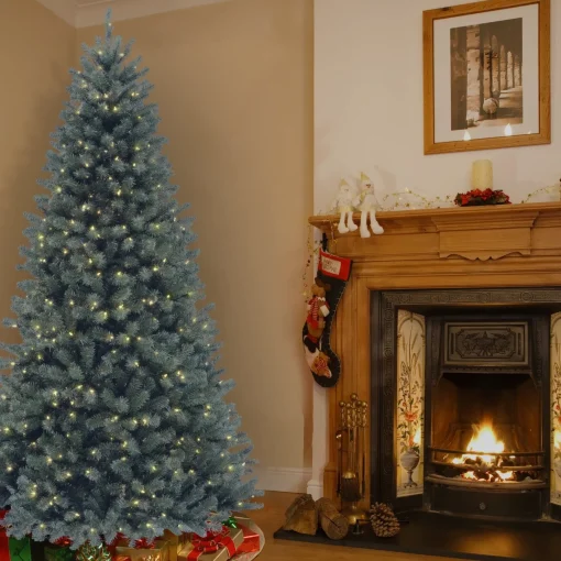 Shop National Tree Company Pre-Lit Artificial Full Christmas Tree, Blue, North Valley Spruce, White Lights, Includes Stand, 9 Feet