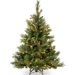 Pre-Lit Artificial Full Christmas Tree, Green, Carolina Pine, White Lights, Flocked With Pine Cones, Includes Stand, 4.5 Feet^National Tree Company Flash Sale