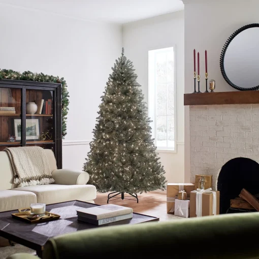 Online National Tree Company Pre-Lit Artificial Full Christmas Tree, Blue, Dunhill Fir, White Lights, Includes Stand, 7.5 Feet