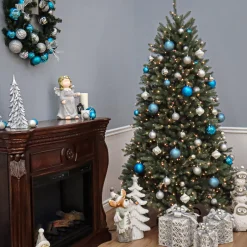 Online National Tree Company Pre-Lit Artificial Full Christmas Tree, Blue, Dunhill Fir, White Lights, Includes Stand, 7.5 Feet