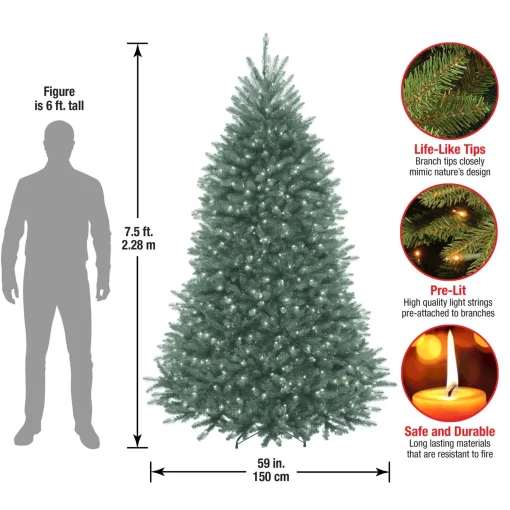 Online National Tree Company Pre-Lit Artificial Full Christmas Tree, Blue, Dunhill Fir, White Lights, Includes Stand, 7.5 Feet