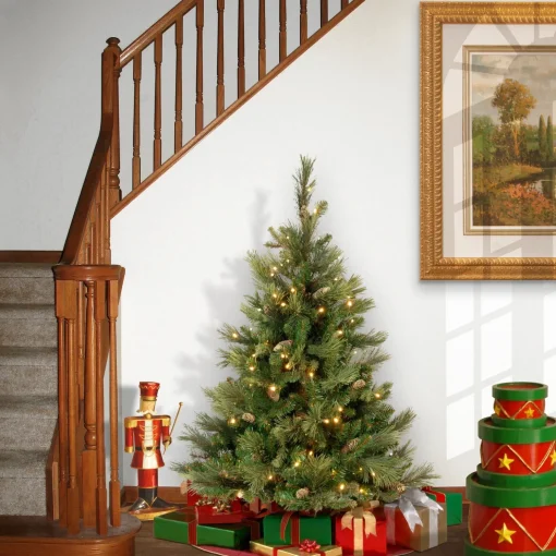 Cheap National Tree Company Pre-Lit Artificial Full Christmas Tree, Green, Carolina Pine, White Lights, Flocked With Pine Cones, Includes Stand, 4.5 Feet