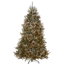 Fashion National Tree Company Pre-Lit Artificial Full Christmas Tree, Green, Dunhill Fir, White Lights, Decorated With Pine Cones, Berry Clusters, Frosted Branches, Includes Stand, 7 Feet
