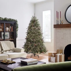 Fashion National Tree Company Pre-Lit Artificial Full Christmas Tree, Green, Dunhill Fir, White Lights, Decorated With Pine Cones, Berry Clusters, Frosted Branches, Includes Stand, 7 Feet