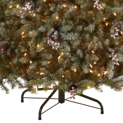Fashion National Tree Company Pre-Lit Artificial Full Christmas Tree, Green, Dunhill Fir, White Lights, Decorated With Pine Cones, Berry Clusters, Frosted Branches, Includes Stand, 7 Feet